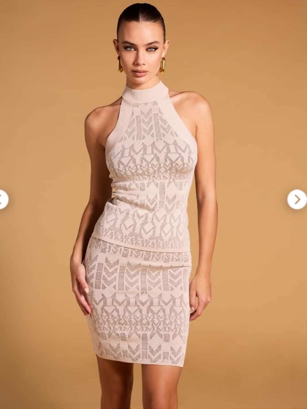 Marciano Monogram Sleeveless Beige Knit Halter Bodycon Dress - Size L